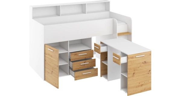 Multifunkční patrová postel DAGOBERT, pravá, bílá/dub artisan, 5 let záruka