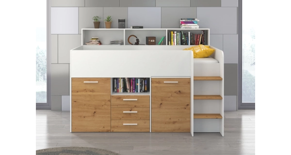Multifunkční patrová postel DAGOBERT, pravá, bílá/dub artisan, 5 let záruka