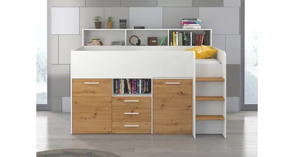 Multifunkční patrová postel DAGOBERT, pravá, bílá/dub artisan