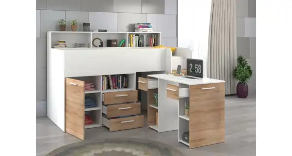 Multifunkční patrová postel DAGOBERT, pravá, bílá/dub sonoma