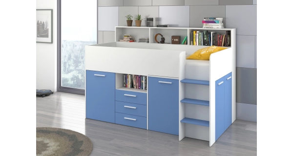 Multifunkční patrová postel DAGOBERT, pravá, bílá/sv. modrá, 5 let záruka