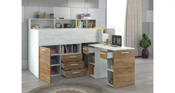 Multifunkční patrová postel DAGOBERT, pravá, craft bílý/craft zlatý