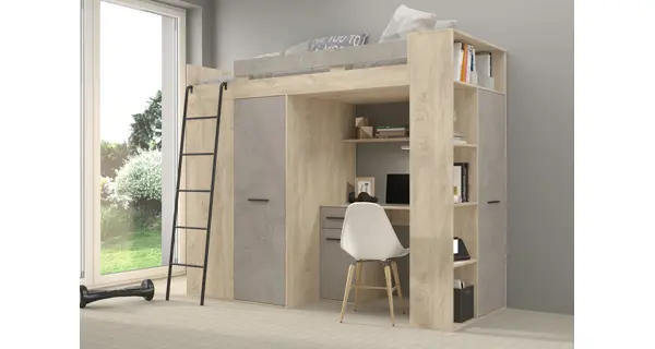 Multifunkční patrová postel DIRARO, levá, dub endgrain/beton šedý