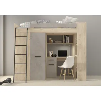 Multifunkční patrová postel DIRARO, levá, dub endgrain/beton šedý