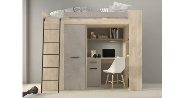 Multifunkční patrová postel DIRARO, levá, dub endgrain/beton šedý