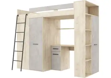 Multifunkční patrová postel DIRARO, levá, dub endgrain/beton šedý