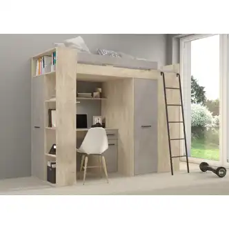 Multifunkční patrová postel DIRARO, pravá, dub endgrain/beton šedý