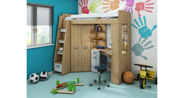 Multifunkční postel LENY levá, dub artisan/bílá, 5 let záruka