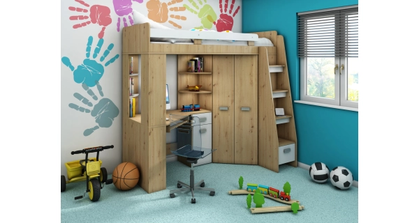 Multifunkční postel LENY pravá, dub artisan/bílá, 5 let záruka