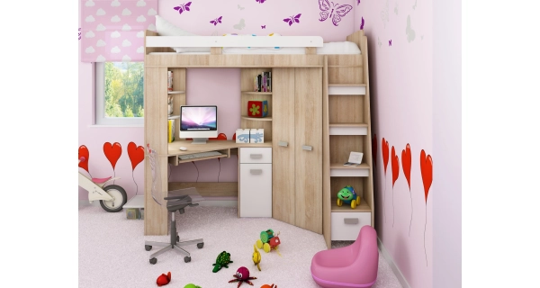 Multifunkční postel LENY pravá, dub sonoma/bílá, 5 let záruka