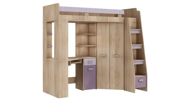 Multifunkční postel LENY pravá, dub sonoma/levandulová/fialová