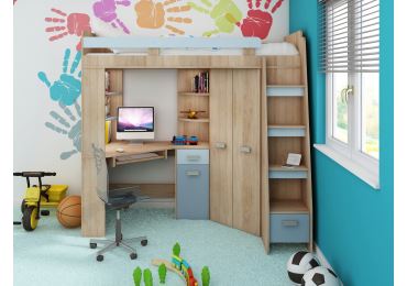 Multifunkční postel LENY pravá, dub sonoma/modrá/nebeská