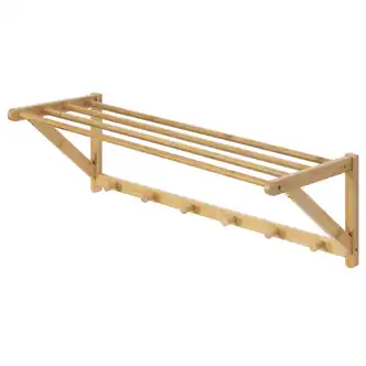 Nástěnná police GARCANIV s věšáky, masiv bambus, přírodní odstín