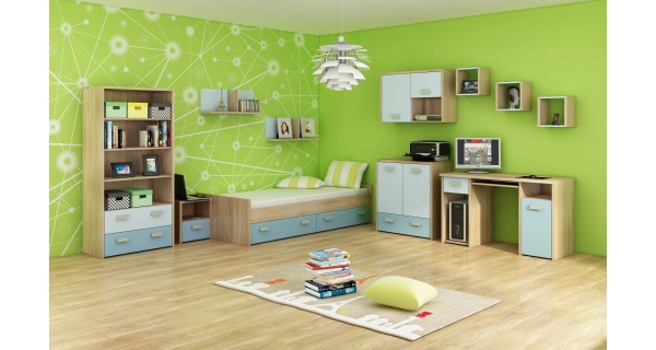 Nízká postel NELLORE s roštem, dub sonoma/světle modrá/modrá, 5 let záruka