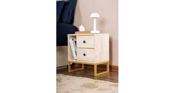 Noční stolek POLSAR, travertin/zlatá