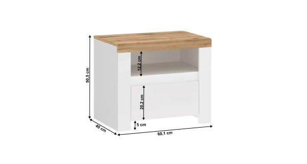 Noční stolek VENUSTA 1S, bílý lesk/dub wotan
