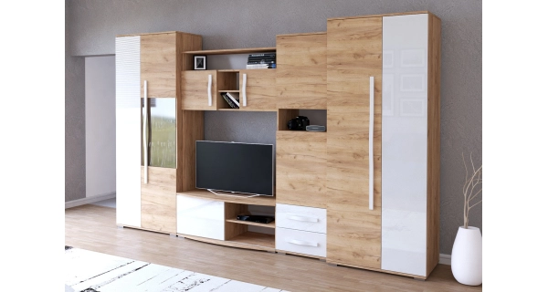 Obývací stěna ALIOT, dub kraft zlatý/bílý lesk