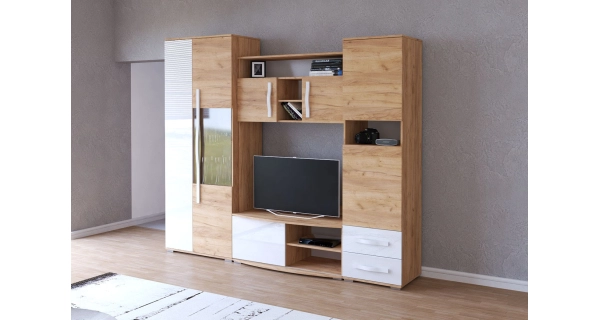 Obývací stěna ALIOT MINI, dub kraft zlatý/bílý lesk