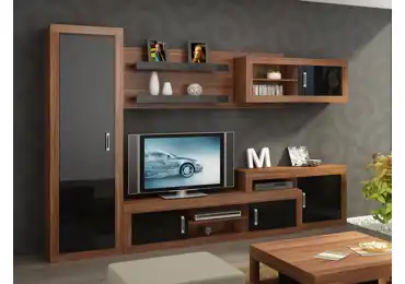 Obývací stěna GOUDINI 2, švestka wallis/černý lesk