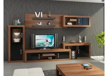 Obývací stěna GOUDINI 5, švestka wallis/černý lesk