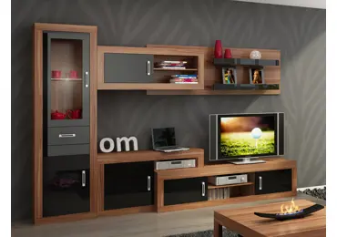 Obývací stěna GOUDINI 7, švestka wallis/černý lesk