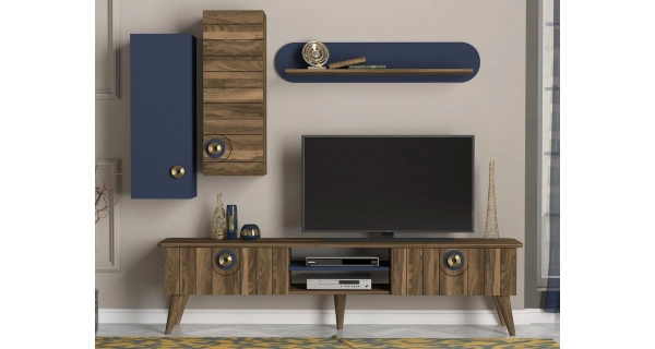 Obývací stěna HARRIS, vlašský ořech/modrá loft