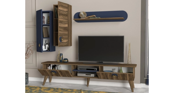 Obývací stěna HARRIS, vlašský ořech/modrá loft