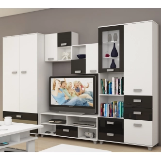 Obývací stěna KEATING 1, bílá/černý lesk, 5 let záruka