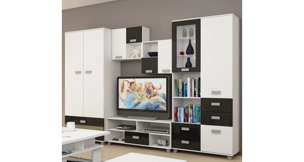 Obývací stěna KEATING 1, bílá/černý lesk, 5 let záruka