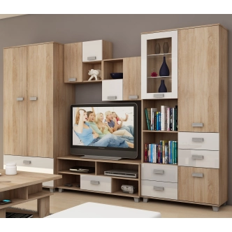 Obývací stěna KEATING 1, dub sonoma/bílý lesk, 5 let záruka