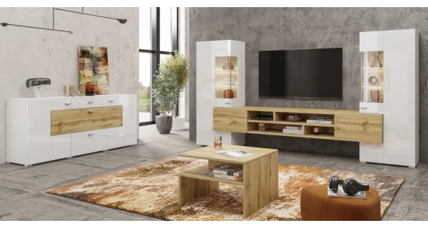 Obývací stěna LIRNA, bílá/dub wotan/bílý lesk