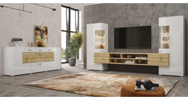 Obývací stěna LIRNA, bílá/dub wotan/bílý lesk