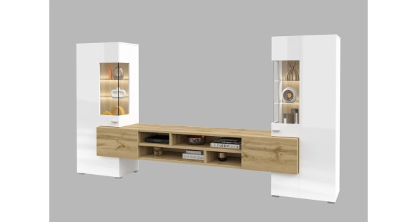 Obývací stěna LIRNA, bílá/dub wotan/bílý lesk