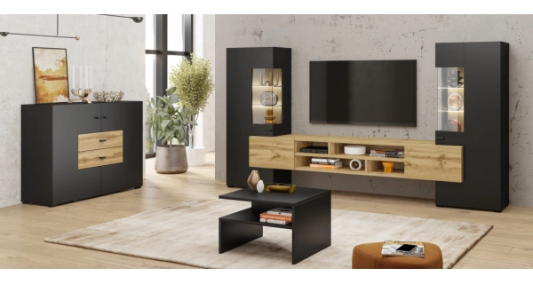 Obývací stěna LIRNA, černý onyx/dub wotan