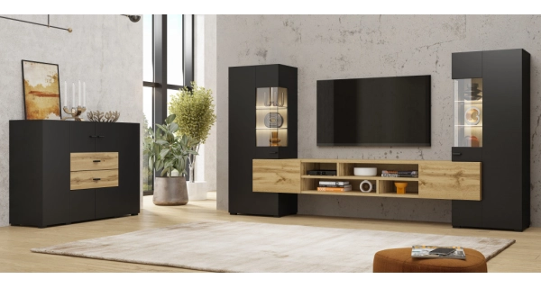 Obývací stěna LIRNA, černý onyx/dub wotan