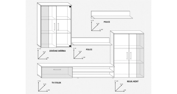 Obývací stěna MANGONA, bílá/černý lesk, 5 let záruka