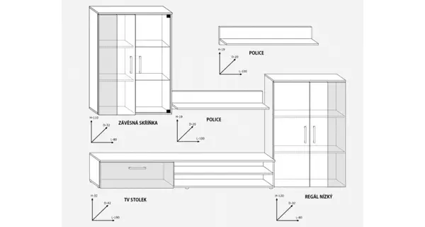 Obývací stěna MANGONA, bílá/černý lesk