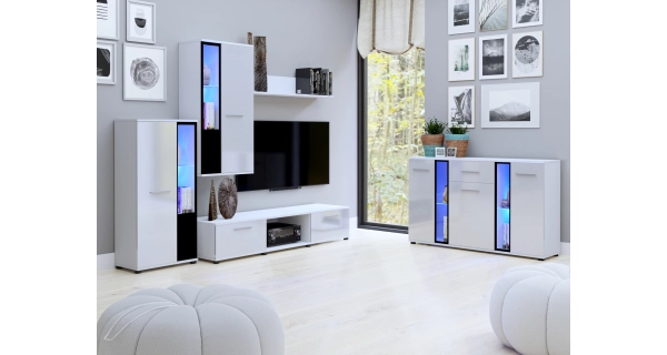 Obývací stěna MIWA s komodou, bílý lesk