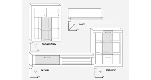 Obývací stěna MOLTENO, bílá/černý lesk
