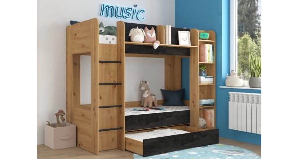 Patrová postel ORIVAR, levá, dub artisan/beton černý, 5 let záruka