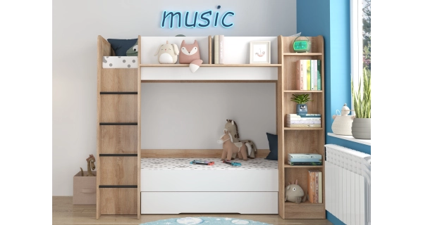 Patrová postel ORIVAR, levá, dub sonoma/bílá, 5 let záruka