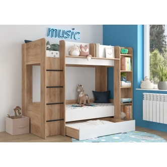 Patrová postel ORIVAR, levá, dub sonoma/bílá, 5 let záruka