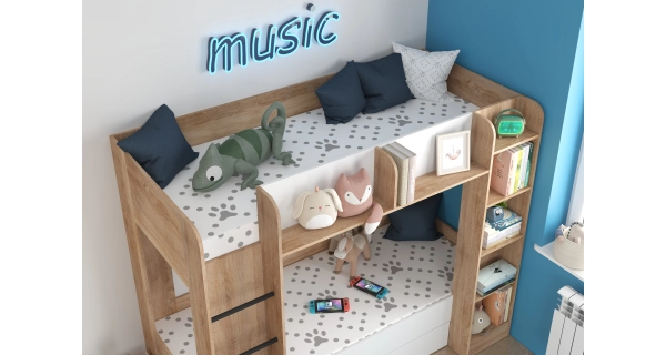 Patrová postel ORIVAR, levá, dub sonoma/bílá, 5 let záruka