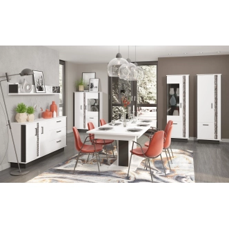 Policová skříň SIGOURNEY 2D, bílá/černá/bílá vysoký lesk 