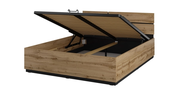 Postel BONIFACIO 160x200 cm s roštem a úložným prostorem, dub wotan/černá