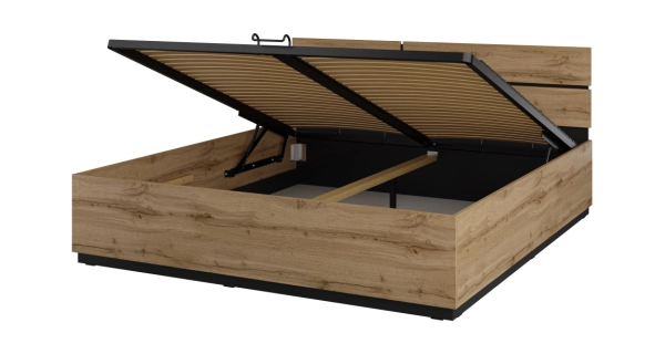 Postel BONIFACIO 180x200 cm s roštem a úložným prostorem, dub wotan/černá