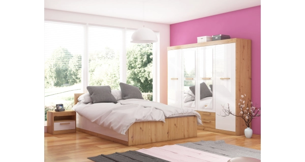 Postel s roštem GATTON 160x200 cm, dub artisan/bílý lesk, 5 let záruka