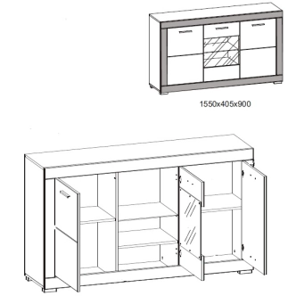 Prosklená komoda JAMASOTA 3D, bílý mat/grafit
