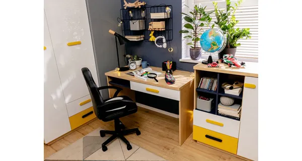 Psací stůl CASCADES, dub nagano/uni granat/bílý lesk/žlutá, 5 let záruka