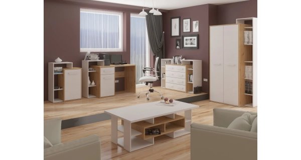Psací stůl DORINDA levý, dub artisan/bílá, 5 let záruka